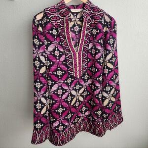 Tory Burch purple beige and navy print silk blend tunic top Size 10